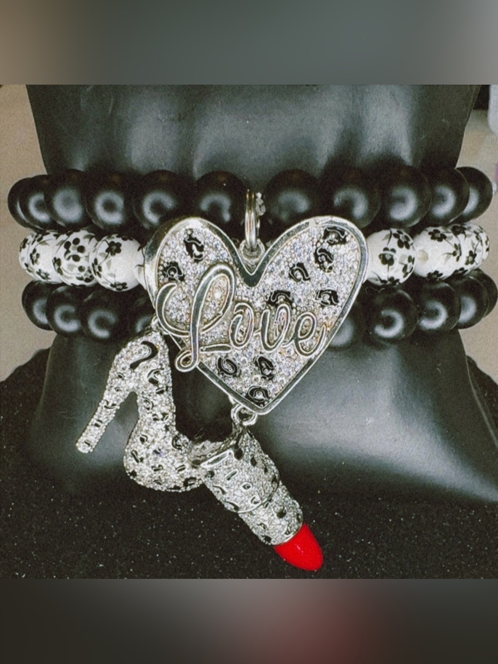 Black Beaded Charm Bracelet with Silver 'Love' Heart and Red Lipstick Accent